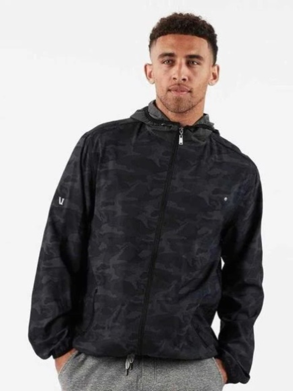 Vuori Men's Black Camo Lightweight Outdoor Hooded Trainer Shell Jacket
